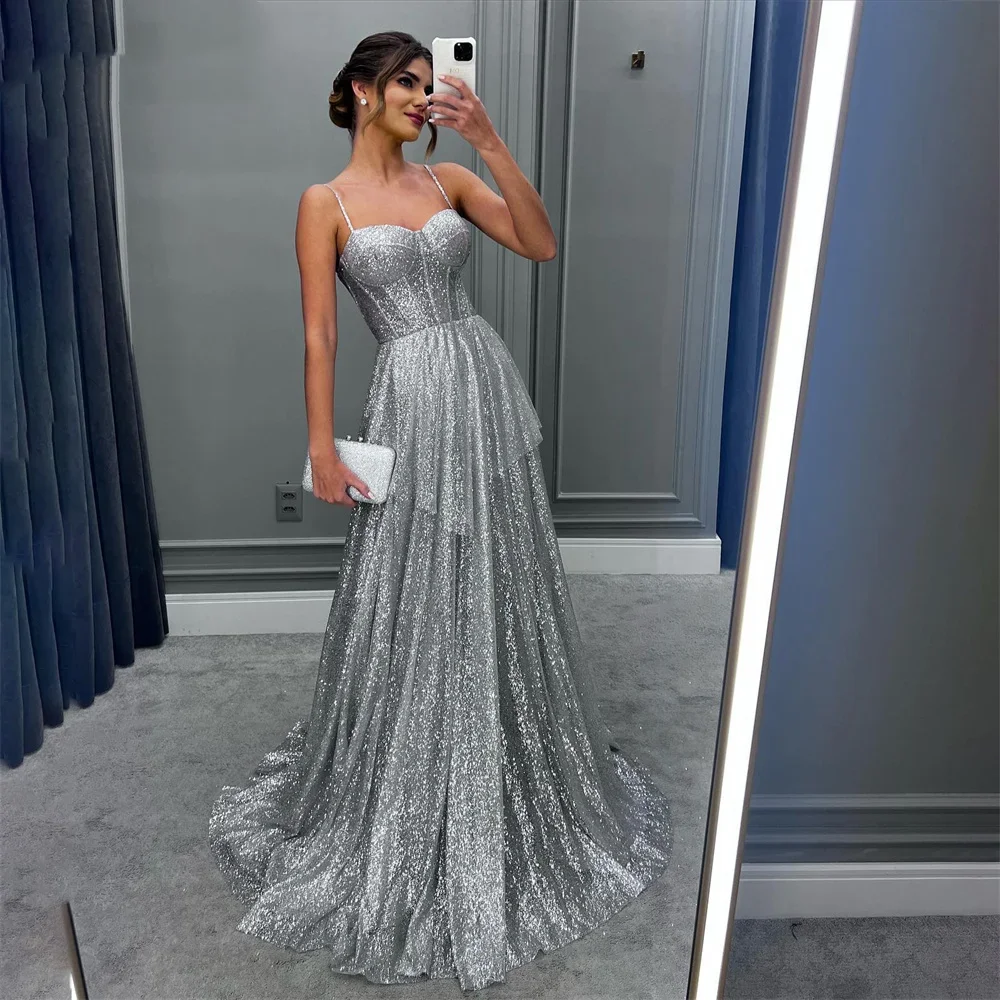 Elegant Sweetheart silvery Dress Shining Glitter Off Shoulder Party Dress Layered Celebrity Evening Dress Customization