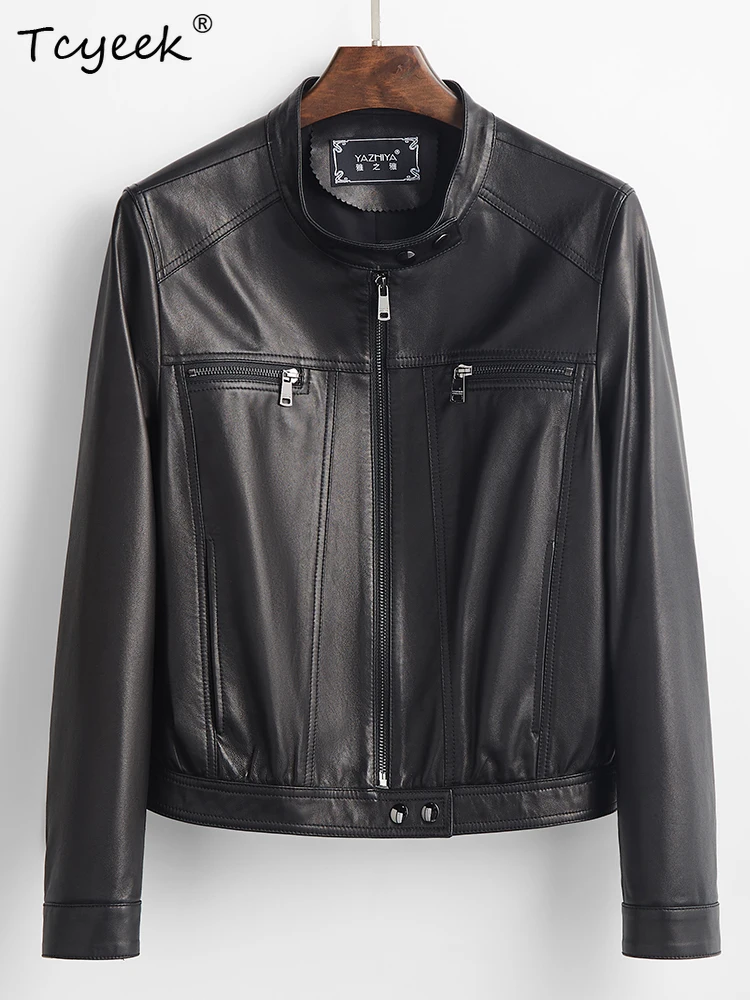 Tcyeek Giacca in pelle da donna in pelle di pecora Primavera Autunno Colletto rialzato Giacca da moto corta nera a maniche lunghe Chaqueta Cuero