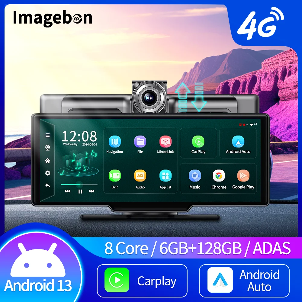 Imagebon 24시간 주차 모니터링 자동차 DVR GPS FM 미러 비디오 녹화기, 안드로이드 13, 4G, 10.26인치 대시캠, 6GB RAM + 128GB 저장공간, 8코어 ADAS, 5G WiFi 지원