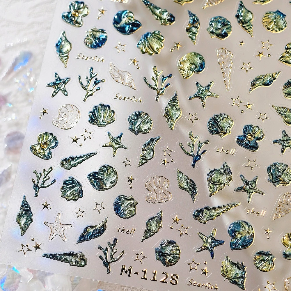 

Blue Green Glitter Shell Conch Starfish Coral Gold Stamped 3D Nail Art Stickers Summer Ocean Polarized Illusion Manicure Decals