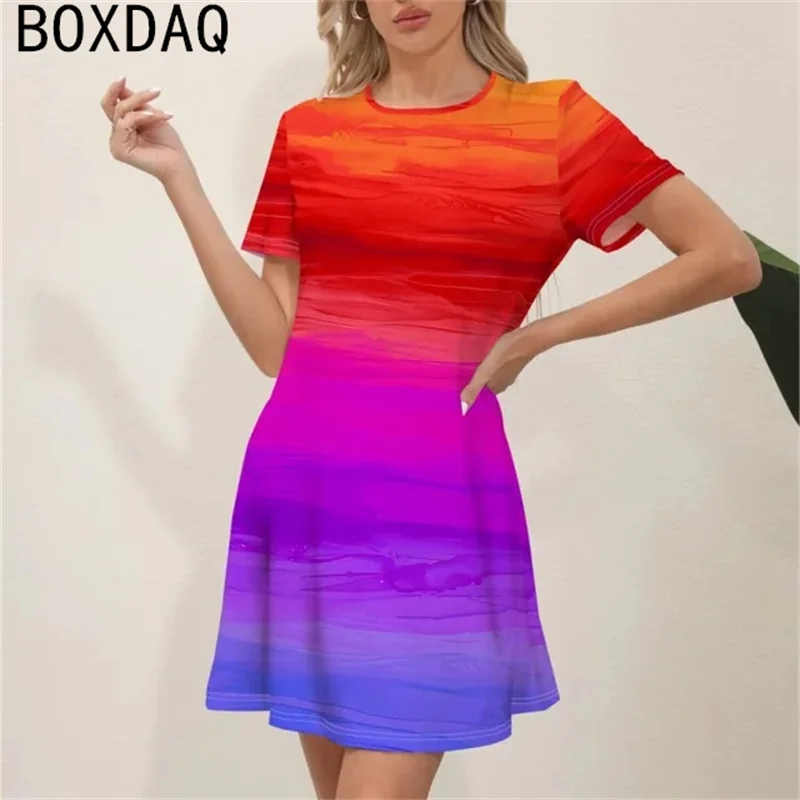 

2024 New Women Summer Short Sleeve O-neck Dress 3D Colorful Print Dress Big Size 6XL Female Sundress