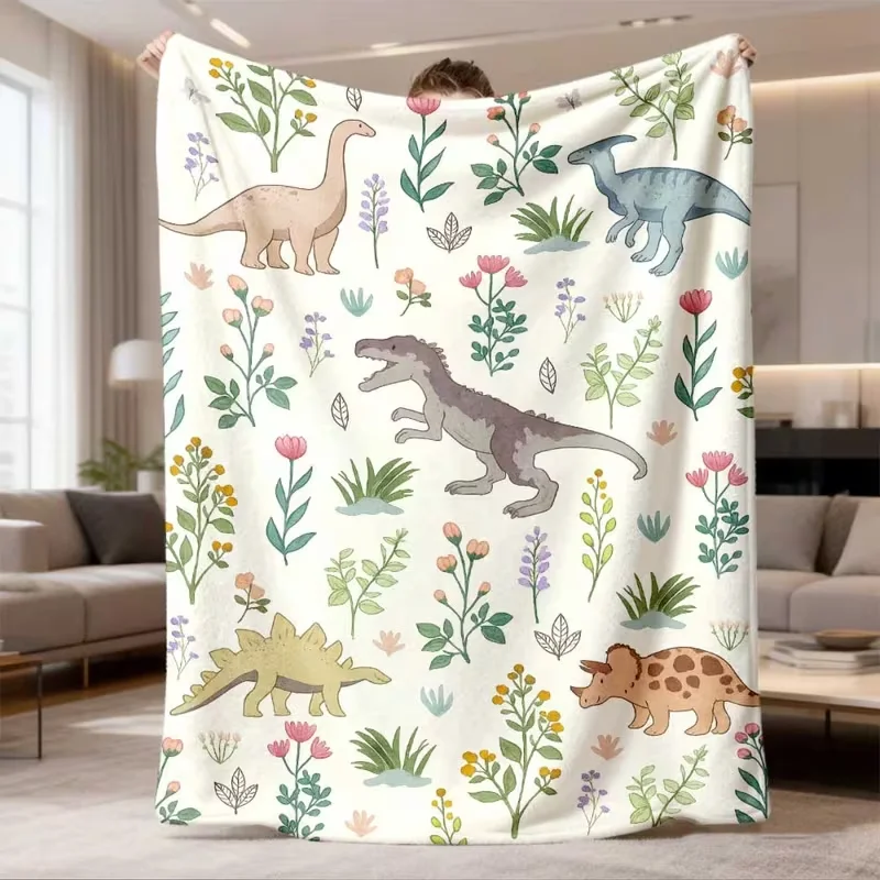 Cute Cartoon Dinosaur Wildflower Print Throw Blanket Various Dino Green Plant Pattern Soft Warm Blanket All Season