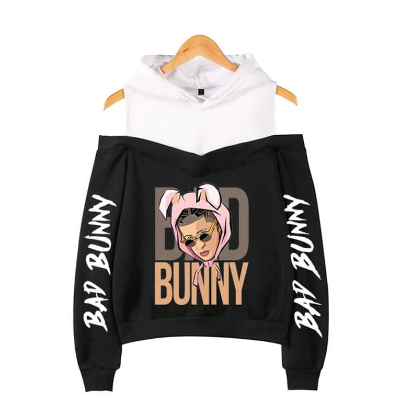 New Rapper Bad Bunny Women Sweatshirts Hoodies Newest Hip Hop Long Sleeve Sexy Off Shoulder Fleece Hooded Jacket Sudadera Mujer