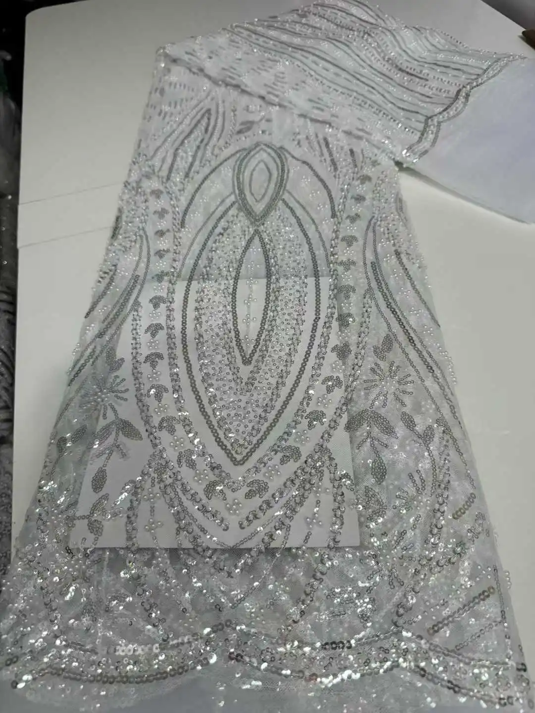 

Hot Sale African Beaded Lace Bridal Fabric 2025 French Beaded Nigerian Sequins Tulle Lace Material Ladies Wedding Party Dresses
