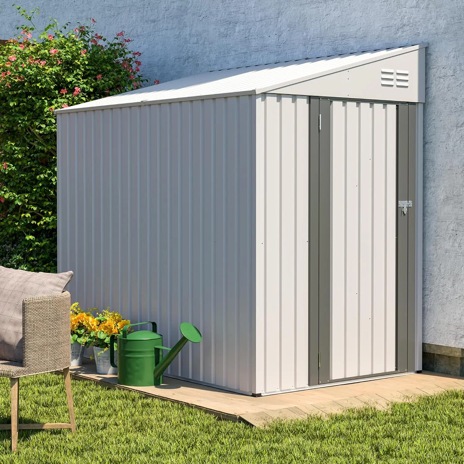 4x7 FT Lean to Metal Storage Shed with Lockable Door, Sloped Roof Galvanized Steel Tool Shed for Patio & Backyard, Customized