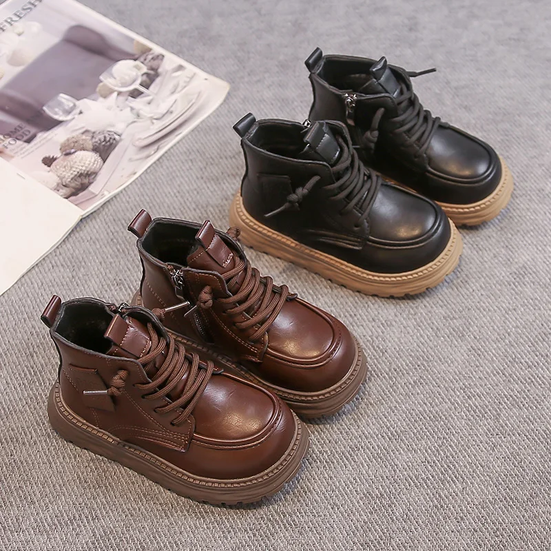 Children Short Boots for Girls Boys 2025 Winter New Fashion Korean Style Soft Sole Anti-slippery Versatile Princess Leather Shoe