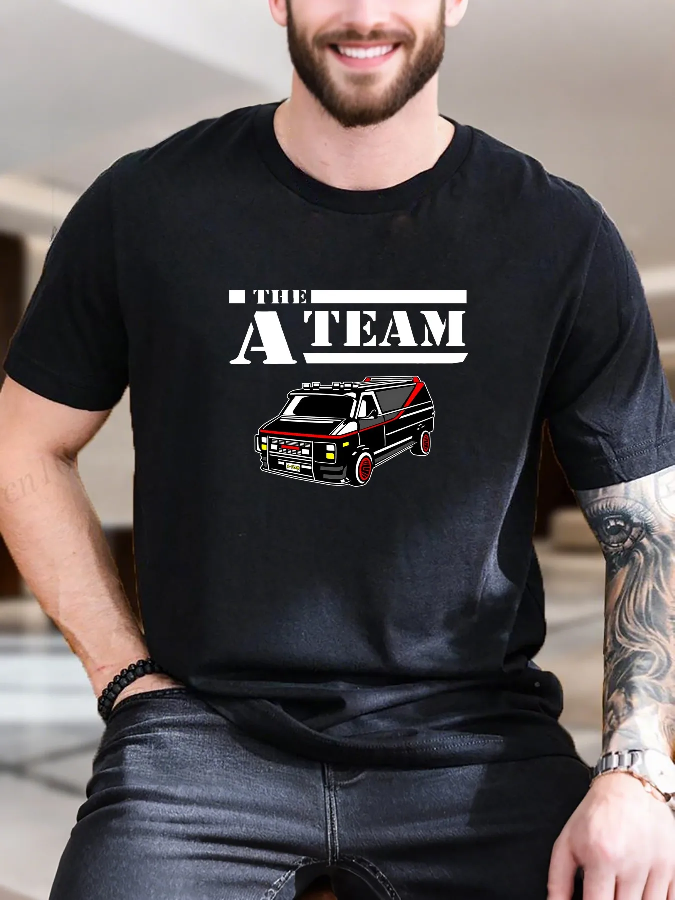 

New Arrival Fashion Men's Printed Short Sleeve T-Shirt Black Van with Red Stripes Design 100% Cotton Comfortable Breathable Casual