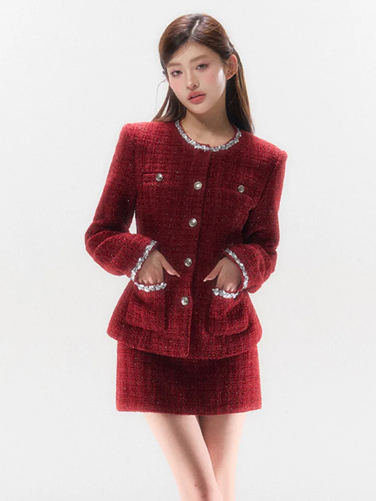 High Quality French Tweed Two Piece Set Women Luxury Jacket Coat + Mini Skirt Suits Fall Winter Sweet Christmas 2 Piece Outfits