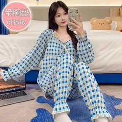 5XL Large Size Sweet Spring Women Home Suit with Cheat Pad Korean Cartoon Cute Pajamas Set Long Sleeve Trouser Loose Nightwear