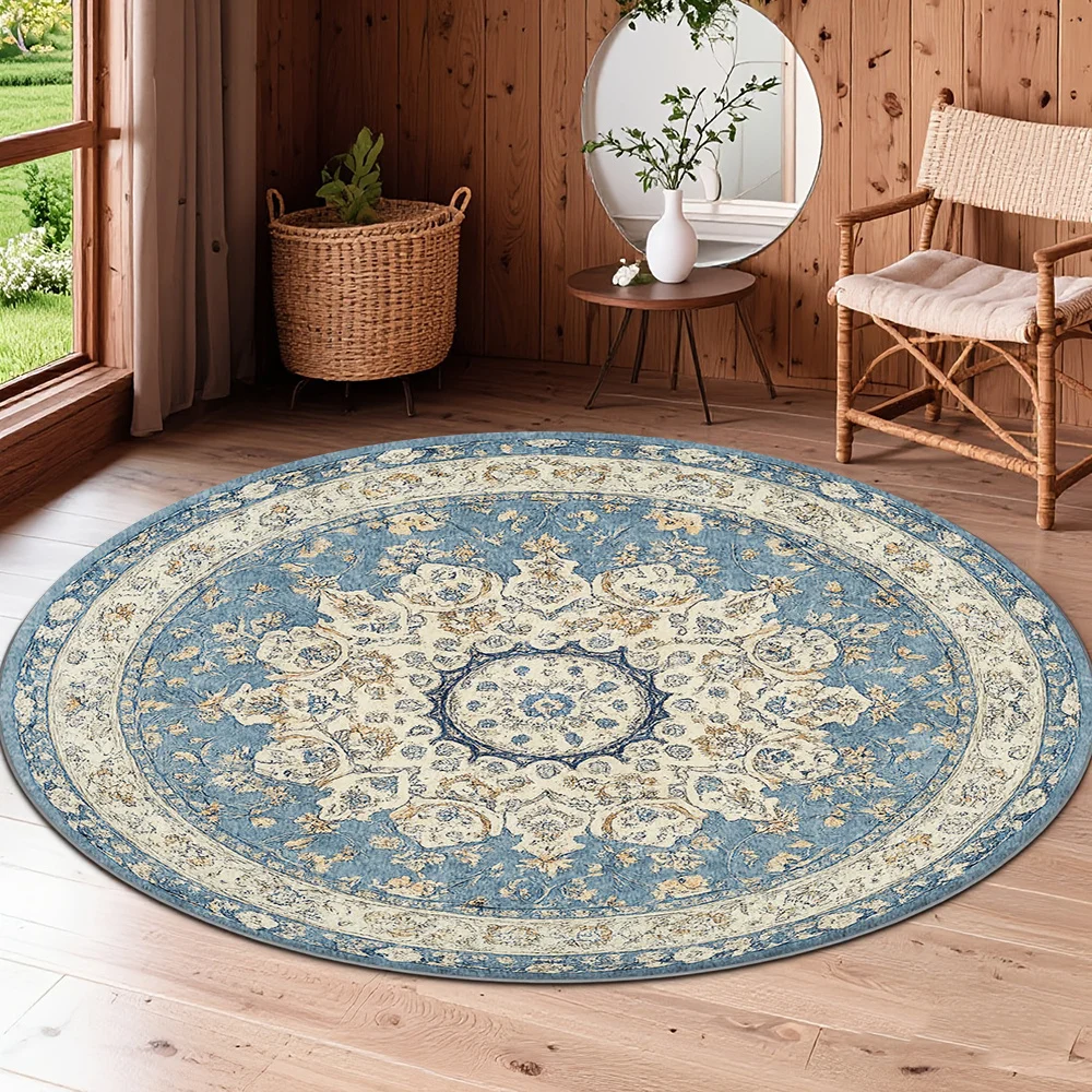 Elegant Home Decor, Living Room Sofa Pad, Bedroom Bedside Carpet, Round Floral Rug, Retro Pastoral Style, Soft Pink Green Color Scheme, Low Pile Round Mat