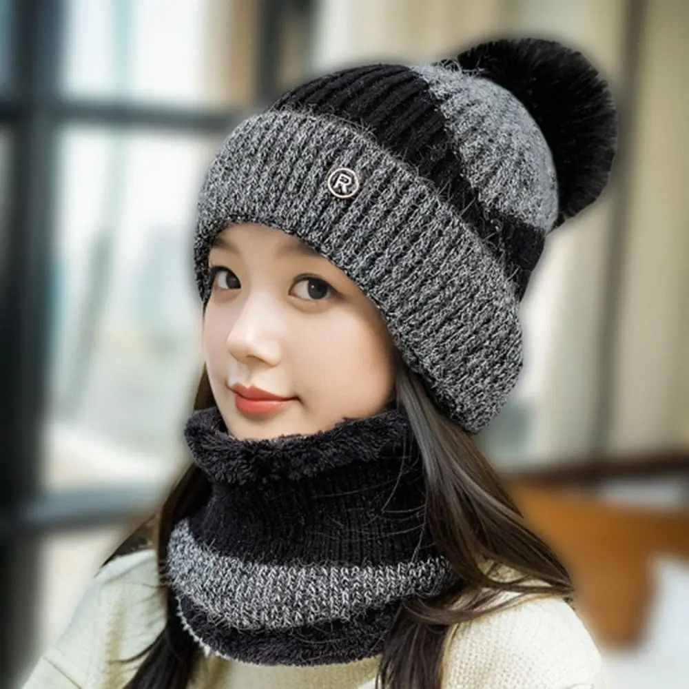 Versatile Elastic Cap and Scarf Suit Ball Contrast Color Winter Pullover Cap Soft All-match Compact Scarf Autumn