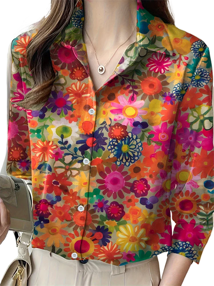 New Women's Lapel Long Sleeve Shirt Casual Loose Hundred Fashion Trend Flower Pattern Ladies Daily Outdoor Travel Clothing