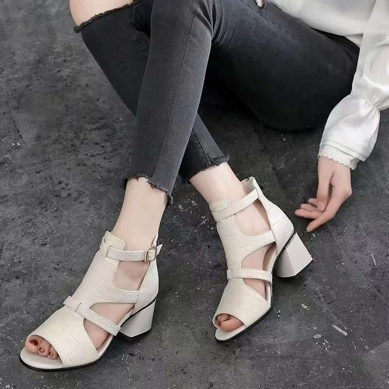 Thick Heels Sandals Women 2024 Summer New Holow Out Sandals Lady High Heeled Pumps Lady Peep Toe Cover Heel Fashion Roman Shoes