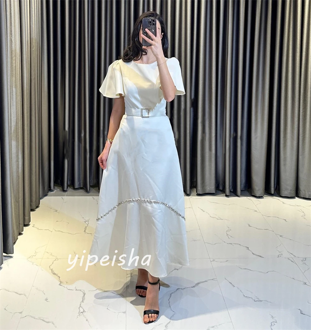 Customized   s Beading Sashes Wedding Party A-line Scoop Neck Bespoke Occasion Gown Midi Dresses