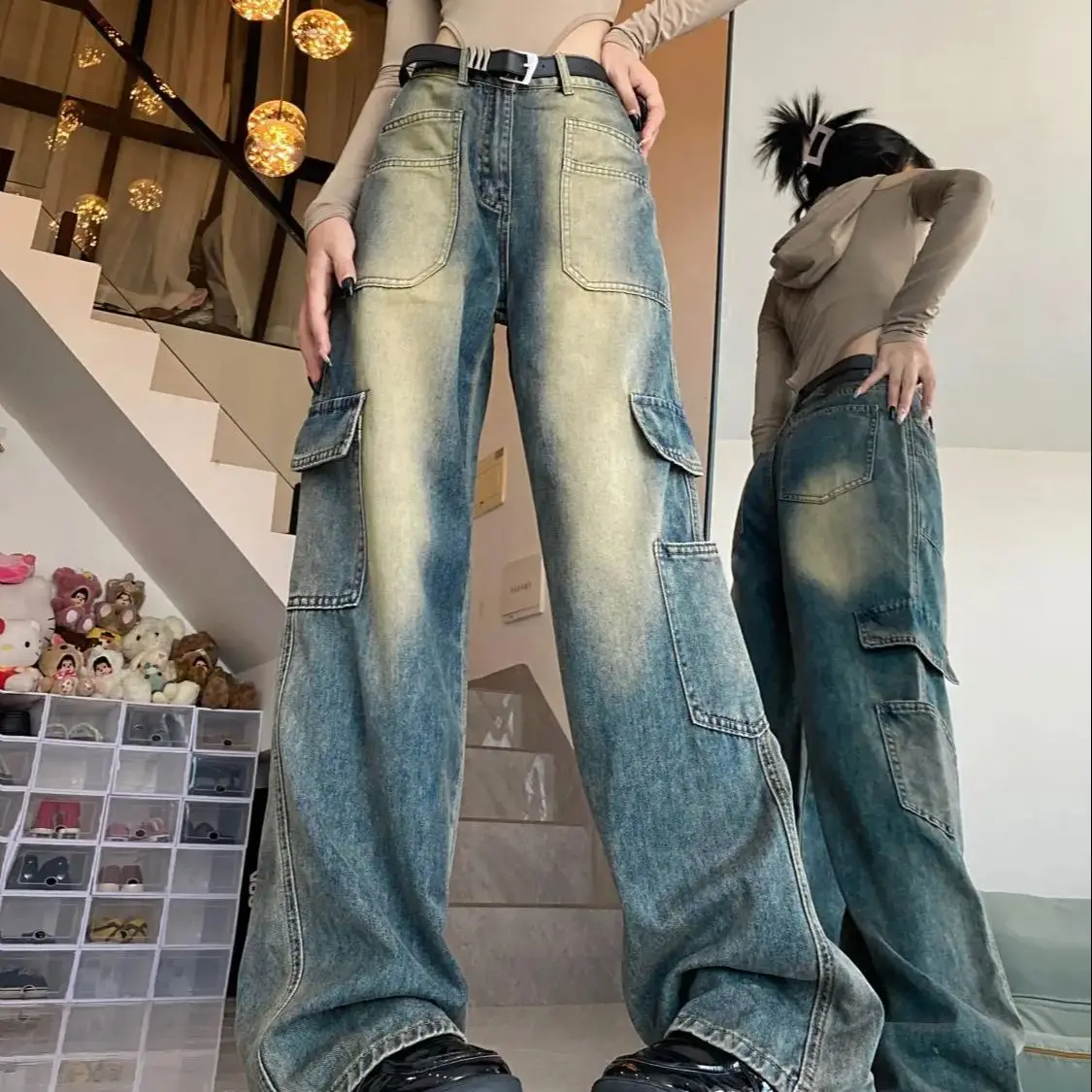 

Cargo Pants Big Pocket Women Korean Fashion Flare Pants Spring Summer 2024 New Casual Mopping Denim Loose Jeans Trousers