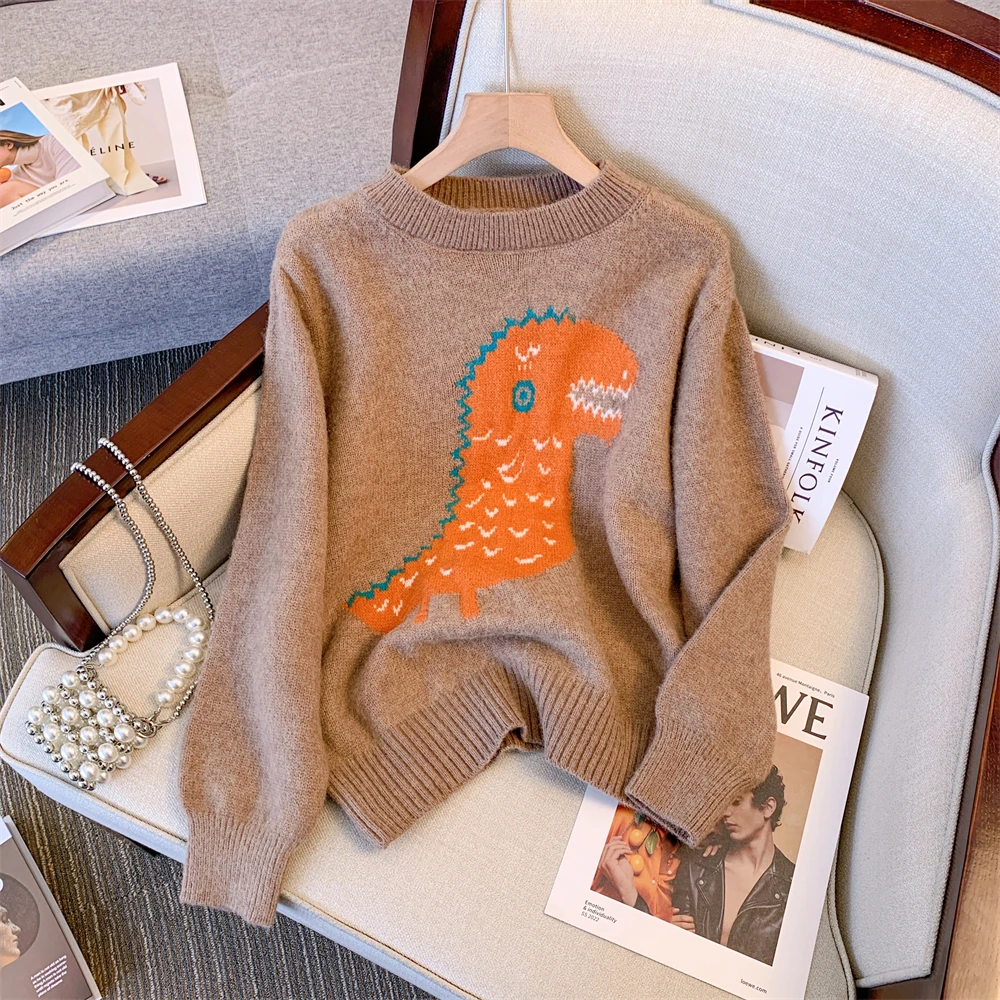 Women Khaki Pullover Dinosaur Pattern O-Neck Sweater Harajuku Vintage Y2k Oversize Cashmere Japanese Sweater 2000s Clothes 2025