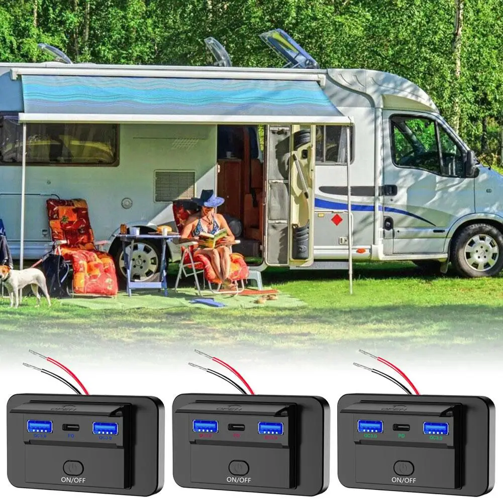 

Pd Type C Dual Usb Ports Quick Charger 12-24v Qc3.0 Pd3.0 With Switch Fast Charging Usb Power Panel For Motorcycle Car Truc T2h6