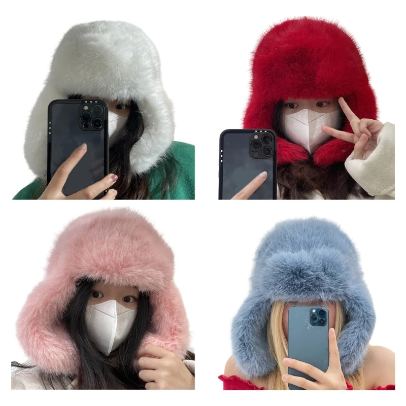 

Winter Plush Earflap Beanie for Woman Windproof Cold Weather Skiing Riding Hat