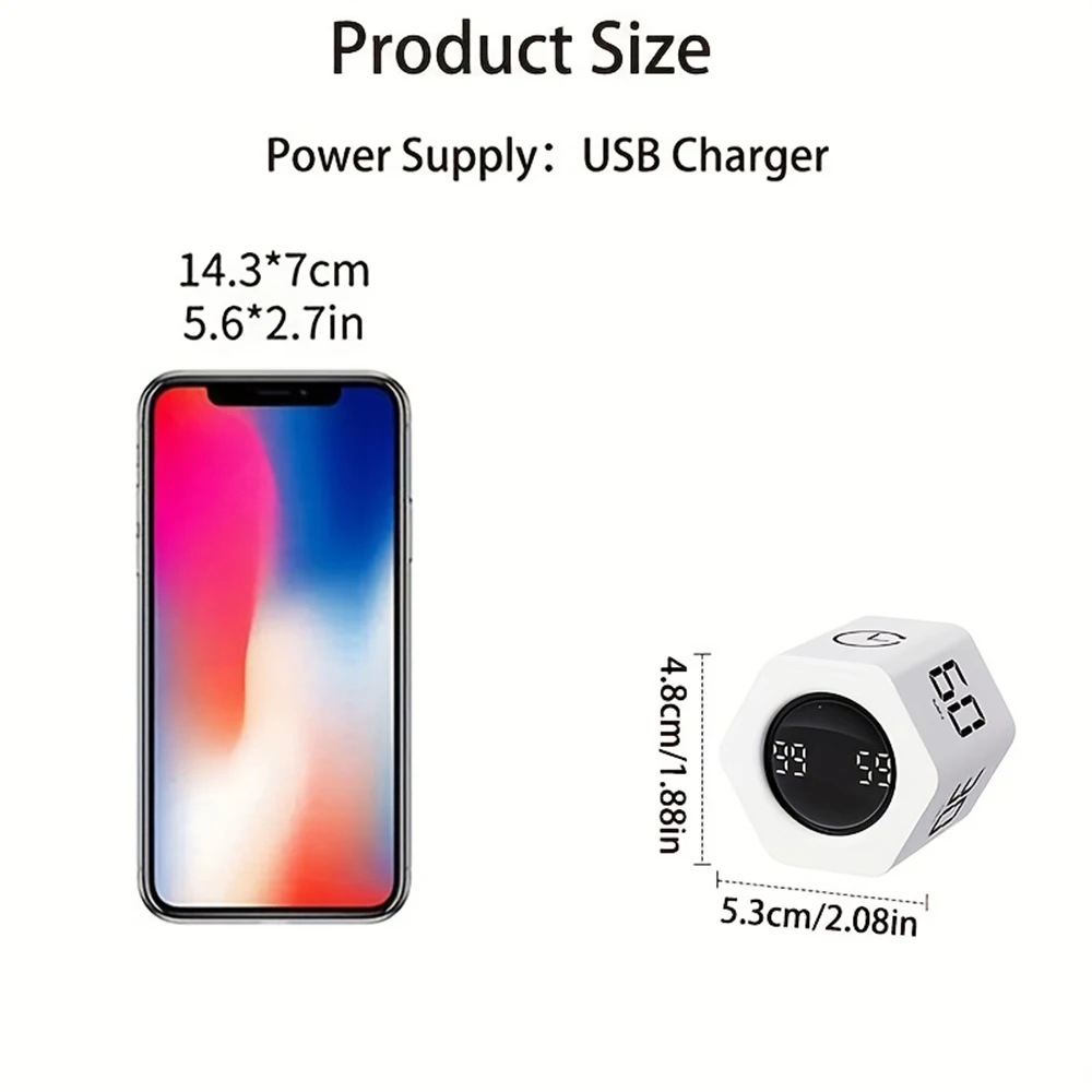 Rotating Pomodoro Timer 1, 5, 10, 30, 60 Mins Preset Stopwatch, Desk Flip ProductivityTimer, ADHD Tool Hexagon, Vibration/Alarm