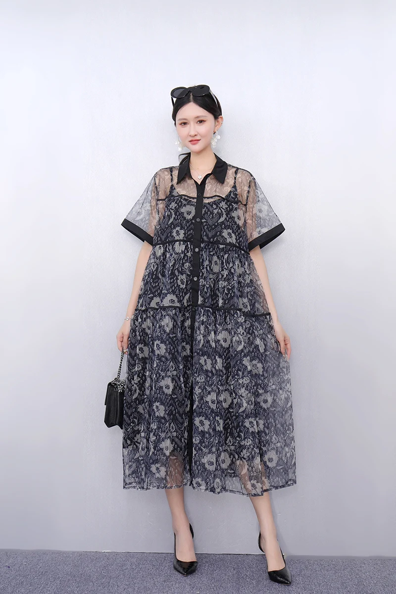 

2025 Spring Summer Fashion Elegant Mesh Loose Long Dresses Women Short Sleeve Two-pieces Dress Ladies Wholesale J1081