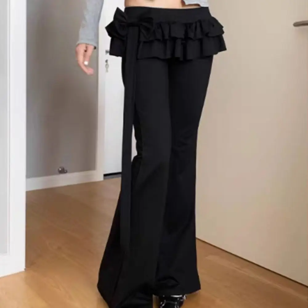 กระโปรงเอี๊ยมผ้าไหมน้ำแข็งสไตล์บัลเล่ต์ กางเกงทรงบาน Y2k เอวต่ำ กางเกงลำลองสำหรับผู้หญิง ทรงเข้ารูปเก๋ไก๋ กางเกงขากว้างระบาย ผู้หญิง