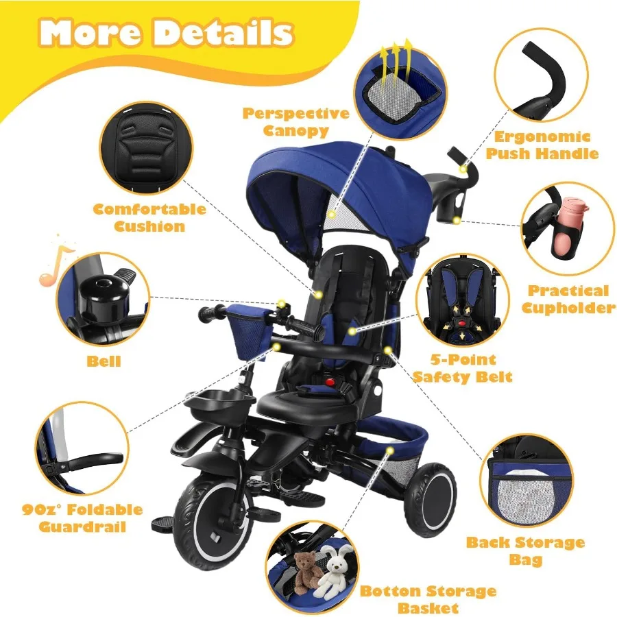 Opvouwbare driewieler 8-in-1 babydriewieler met verwijderbare en verstelbare luifel Ouderhandgreep 5-poorts veiligheidsharnas Peuterfietskinderwagen