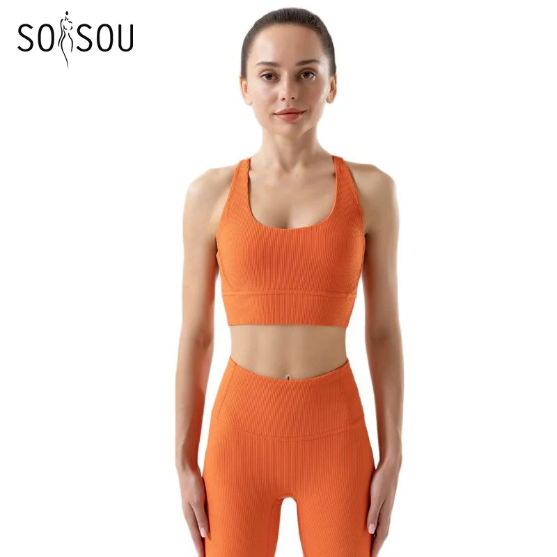 SOISOU Rib Fabric Women\'s Tracksuit Tights Women Leggings Sports Bra Gym Fitness Elastic Yoga Set Woman 2 Pieces Female Clothing