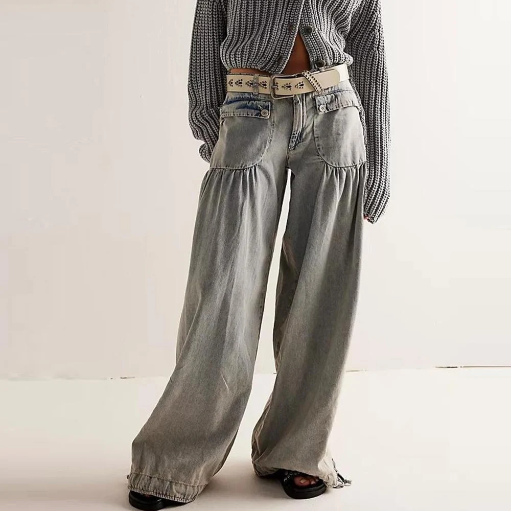 กระเป๋าขากว้างจีบกางเกงยีนส์ผู้หญิงสบายๆผ้าฝ้าย DENIM หลวม Boho Beach กางเกงผู้หญิงความยาวเต็มกางเกงฤดูใบไม้ผลิฤดูร้อน