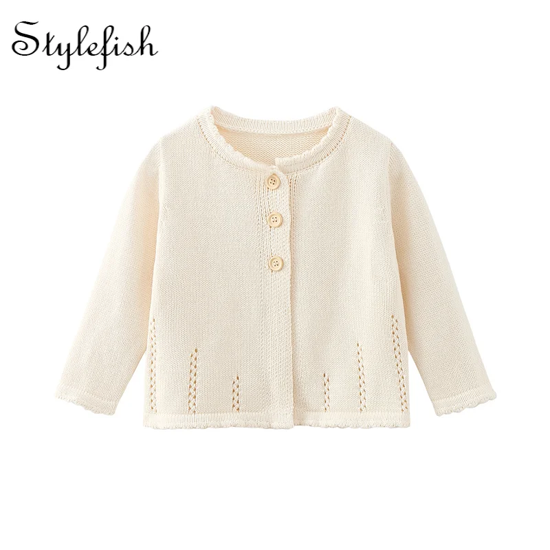 Autumn Infant Baby Girl Cardigan Cotton Yarn Knitted Sweater Round Neck Coat Sweet Children Coat