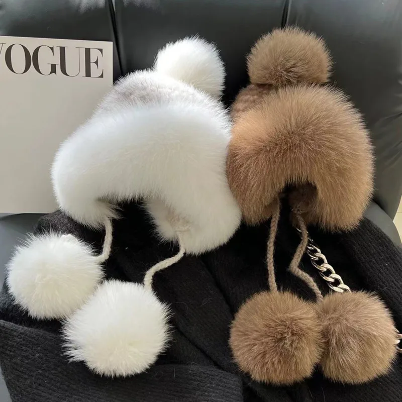 Real Mink Fur Hat For Women Winter Natural Fur Lei Feng Hat With Fox Fur Ball Thicked Ear Protection Hat Female Hand Knitted Hat