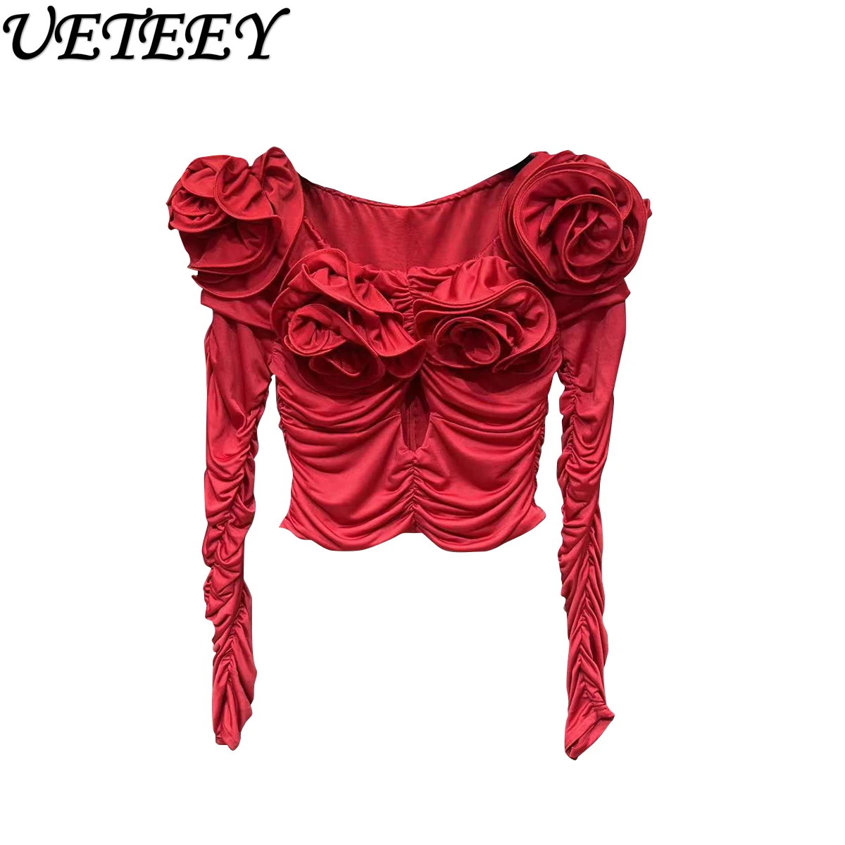 2024 automne nouveau élastique à manches longues 3D Floral à manches longues petit haut taille minceur piste Style minceur noir Blouses pour les femmes