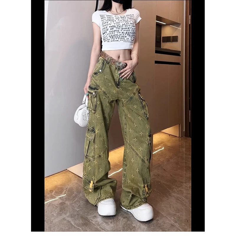 

AmericanRetro High Street Heavy Industry Multi-Pocket Embroidered Jeans Women's Summer High Waist Slimming Tooling Wide-legPants