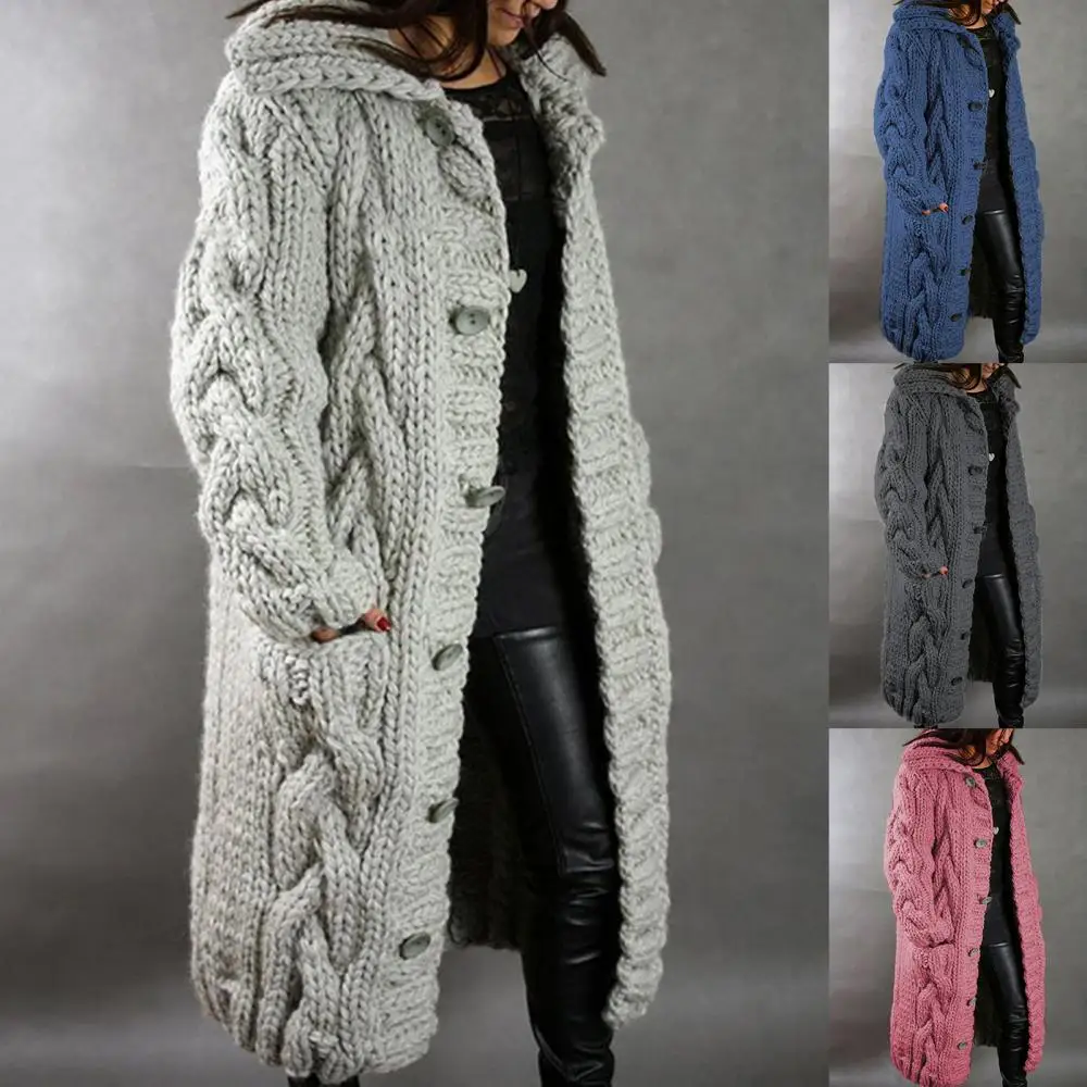 

Warm Hood Knitted Cardigan Women Coat Long Sleeve Buttons Winter Twist Pocket Hooded Coat