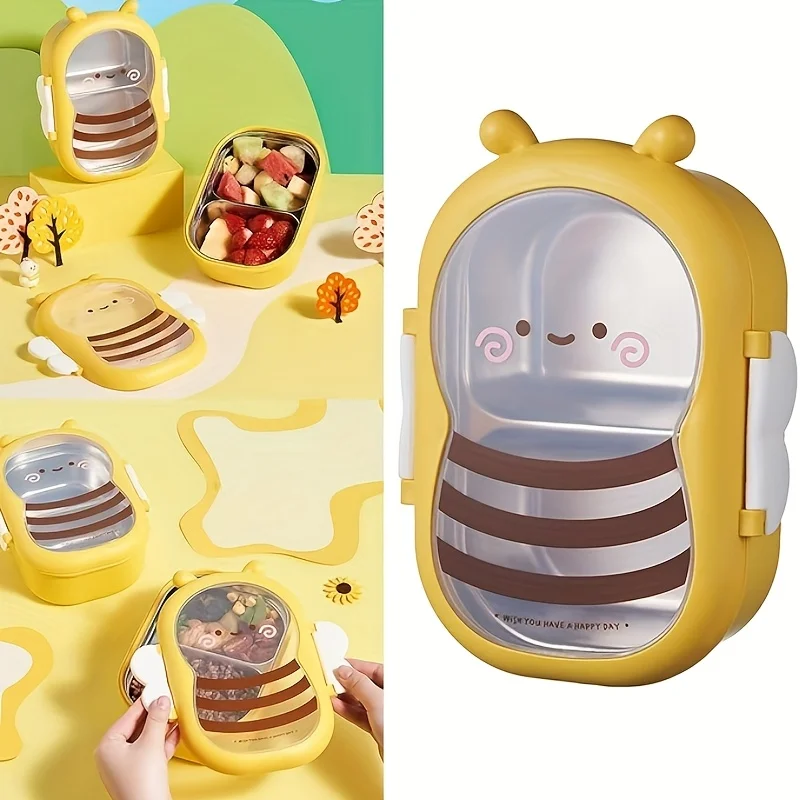 

Портативный ланч-бокс из нержавеющей стали, милый контейнер для бенто в форме пчелы, герметичный двойной отсек, контейнер для еды для кемпинга и пикника на открытом воздухе