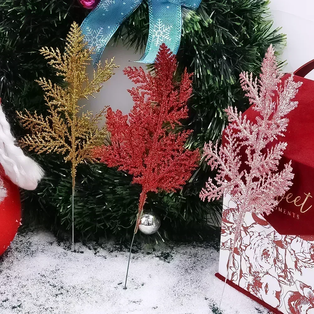 50-5Pcs Christmas Glitter Gold Silver Leaves Xmas Tree Decoration Pendant Artificial Plants Pine Branches Home New Year Ornament