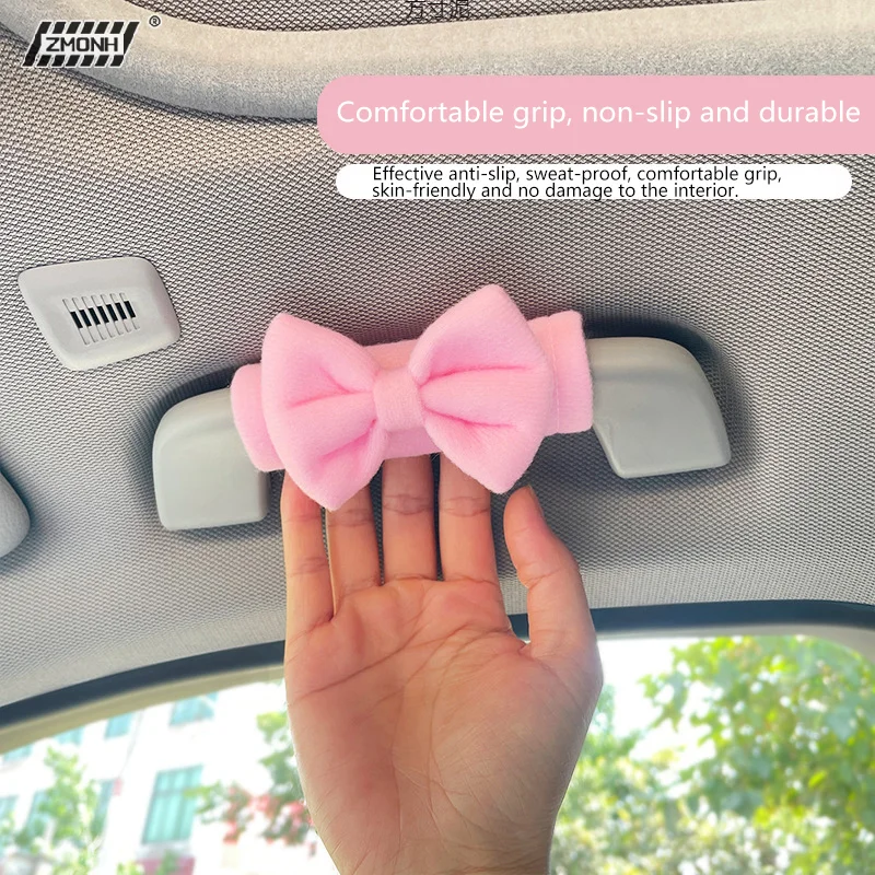 

[H]1PC Car Roof Armrest Covers Soft Suede Protective Cover Car Roof Handle Cover Auto Interior Cute Bow Tie Accessories