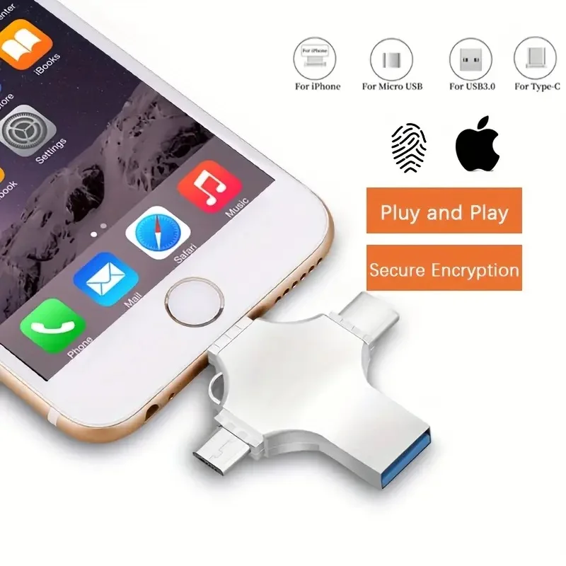 

4-in-1 USB 3.0 Flash Drive for iPhone & Type-C & Android & PC, High-Speed External Storage, Memory Stick Thumb Drive Photo Stick
