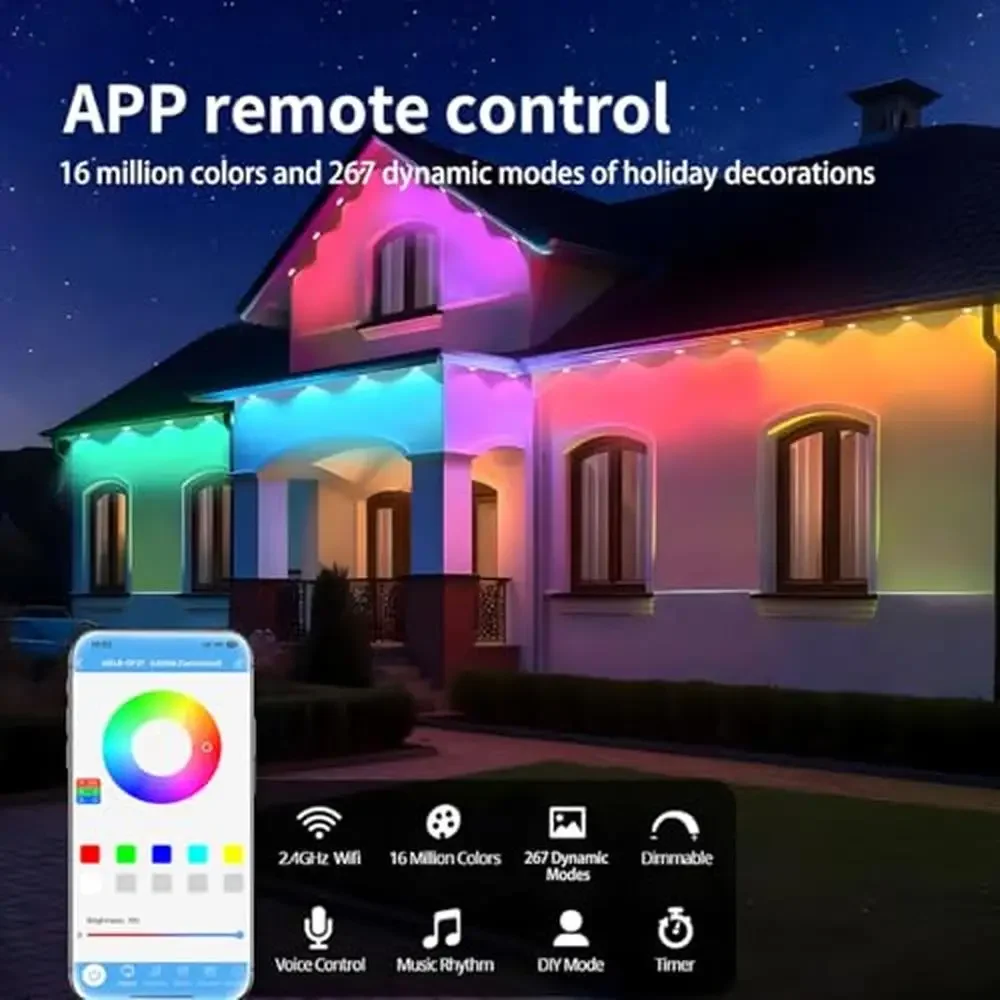 100FT Smart RGB IC Outdoor Eaves Lights App Remote Control 234 Dynamic Modes Waterproof Yard Patio Garage Music Sync Timer