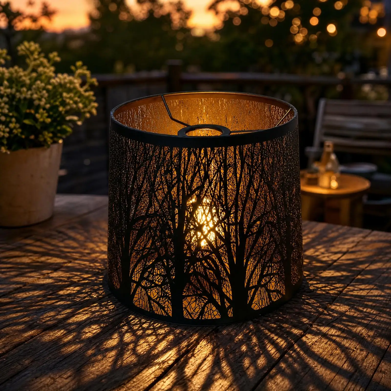 Openwork Tree Pattern Lamp Shade Cylindrical Metal Fixture Cover for Living Room Cozy Atmosphere