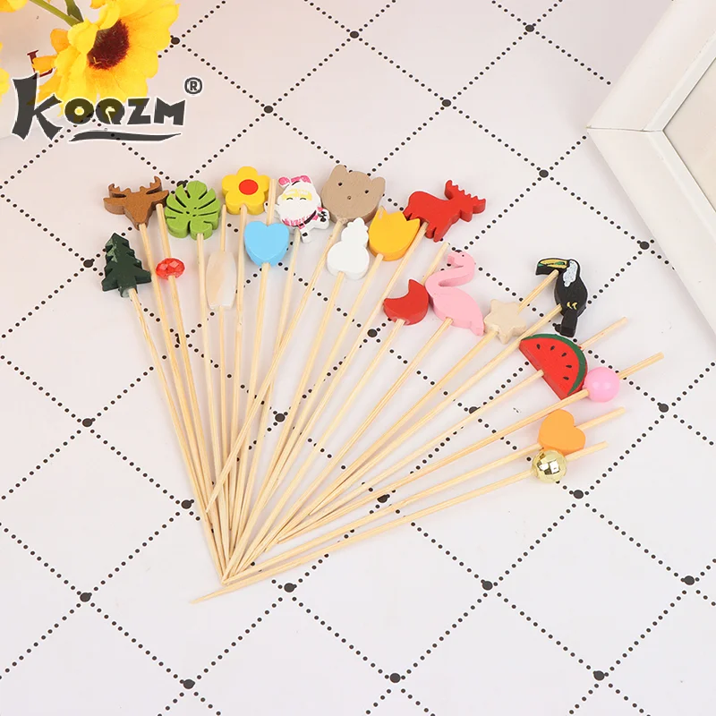 100Pcs Mix Fruit Bamboo Pick Buffet Cactus leaves Cupcake Fruit Fork Salad Stick