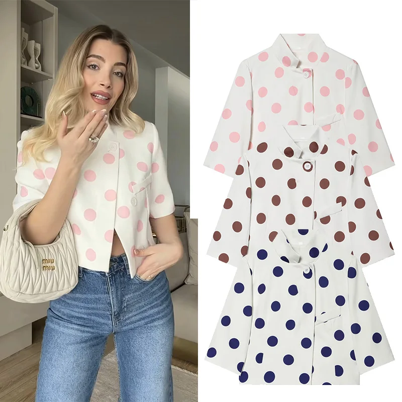 Women's Short Blazer New 2026 Spring Summer Women High-Neck Short Sleeve Button Simple Solid Color Cropped Coats Female Chic Top