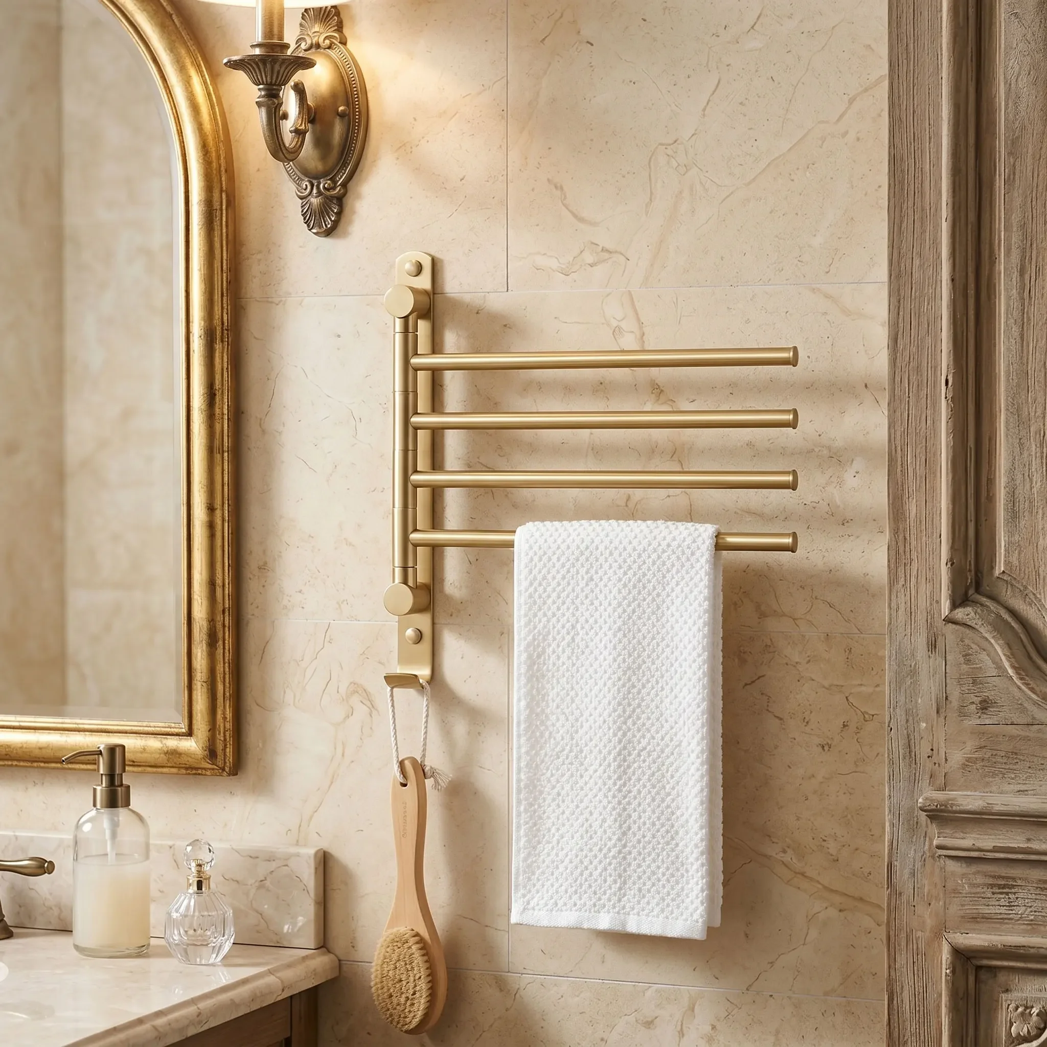 

Brushed Gold Bathroom Swivel Hanger Brass Bar Wall Mounted Rack Towel Holder Organizer Storage Rack
