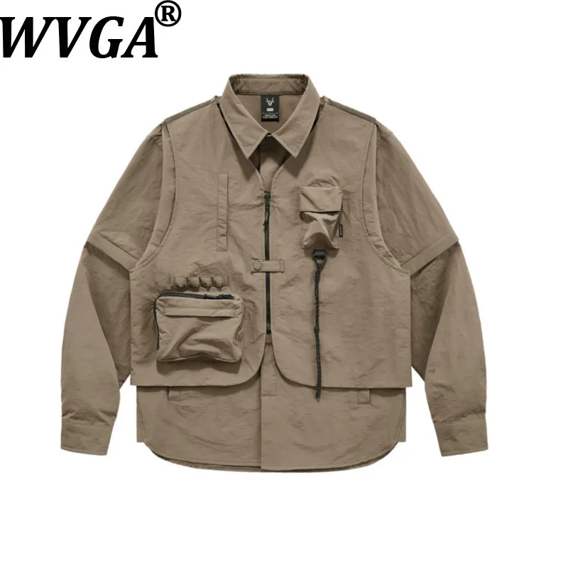 

WVGA Spring Summer New Men Tide Shirts Fake Two-Piece Sleeve Patchwork Outdoor Safari Style High Street Punk Chic Design W11880