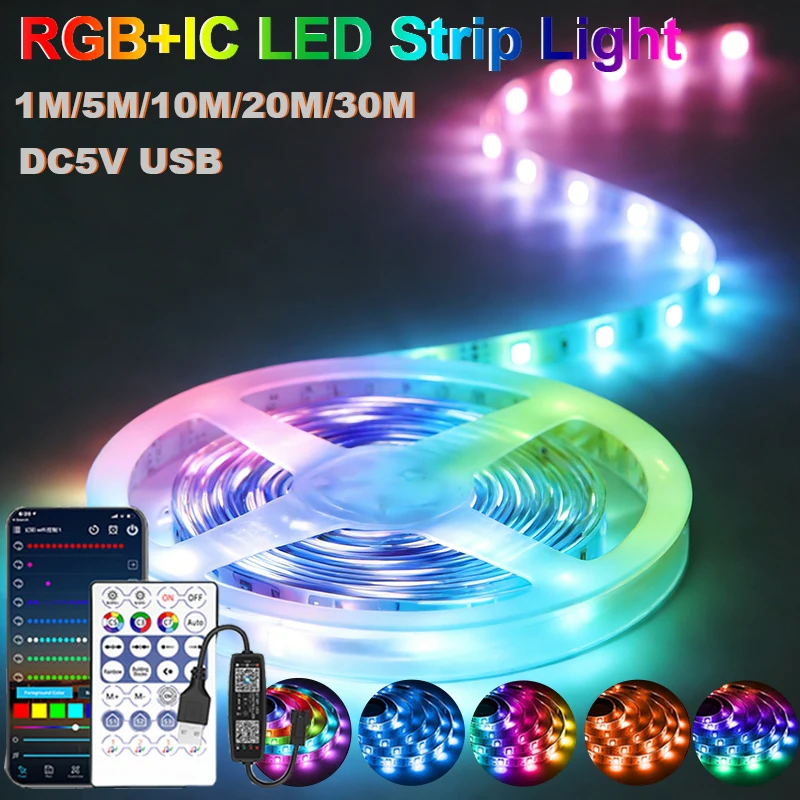 

Светодиодные ленты USB WS2812B в различных цветах с управлением через Bluetooth-приложение, гибкая лента 1-30 м для декора дома и комнаты