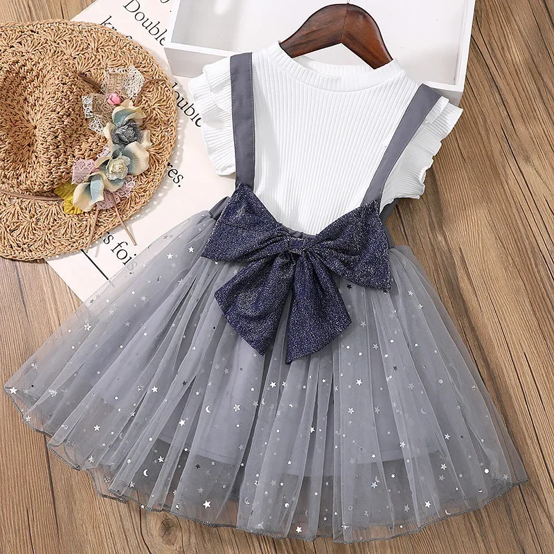 2023 Summer Children  Girl Clothes Suit, Sleeveless Vest Top Bowknot Star Mesh Skirt 2pcs Clothing Sets