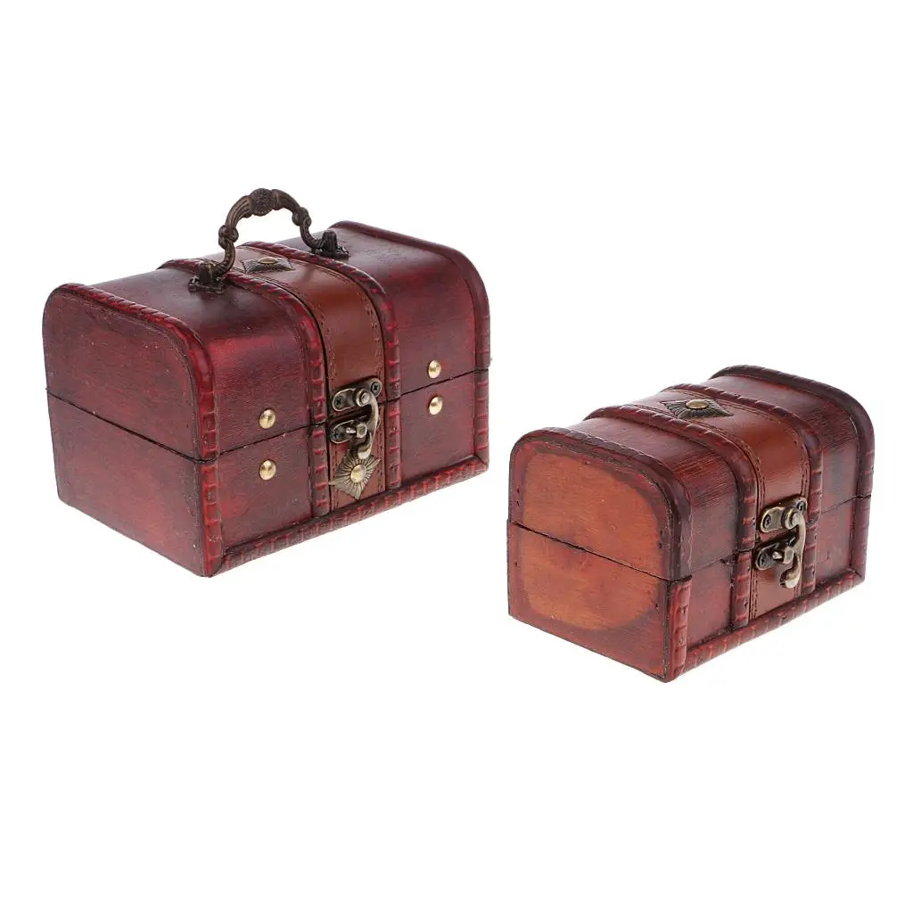 2X Vintage Wooden Jewelry Storage Box Handmade Treasure Decoration