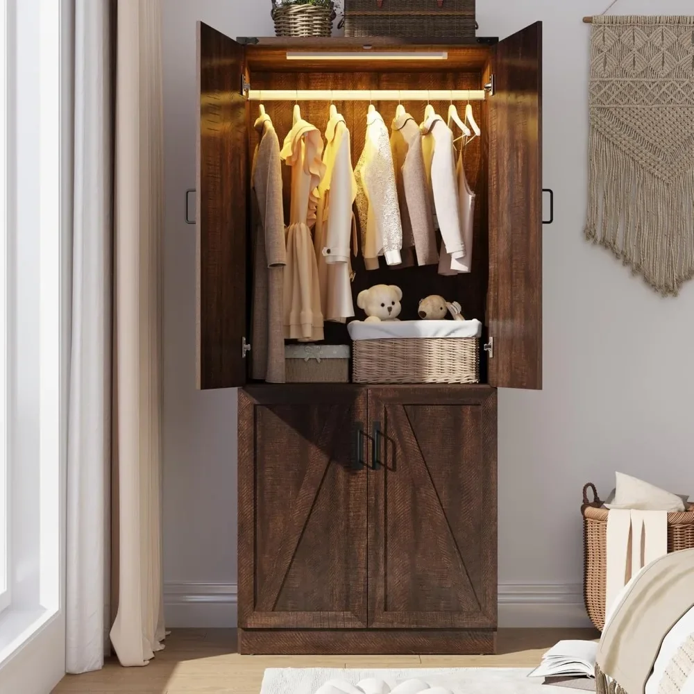 

75" Tall Farmhouse 2 Doors Armoire Wardrobe Closet with LED,Freestanding Closet Wardrobe Cabinet for Bedroom with Hanging Rod
