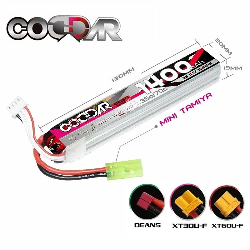 CODDAR 11.1V 1400mAh 35C per pistola ad acqua 3S batteria Lipo per pistola ad aria compressa giocattoli elettrici pistole parte con spina T XT30