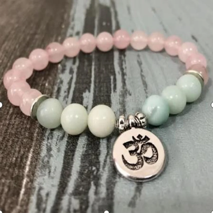 

8mm pink crystal aquamarine Gemstone Mala Bracelets Jewelry Lovers Cuff Stackable Karma Prayer