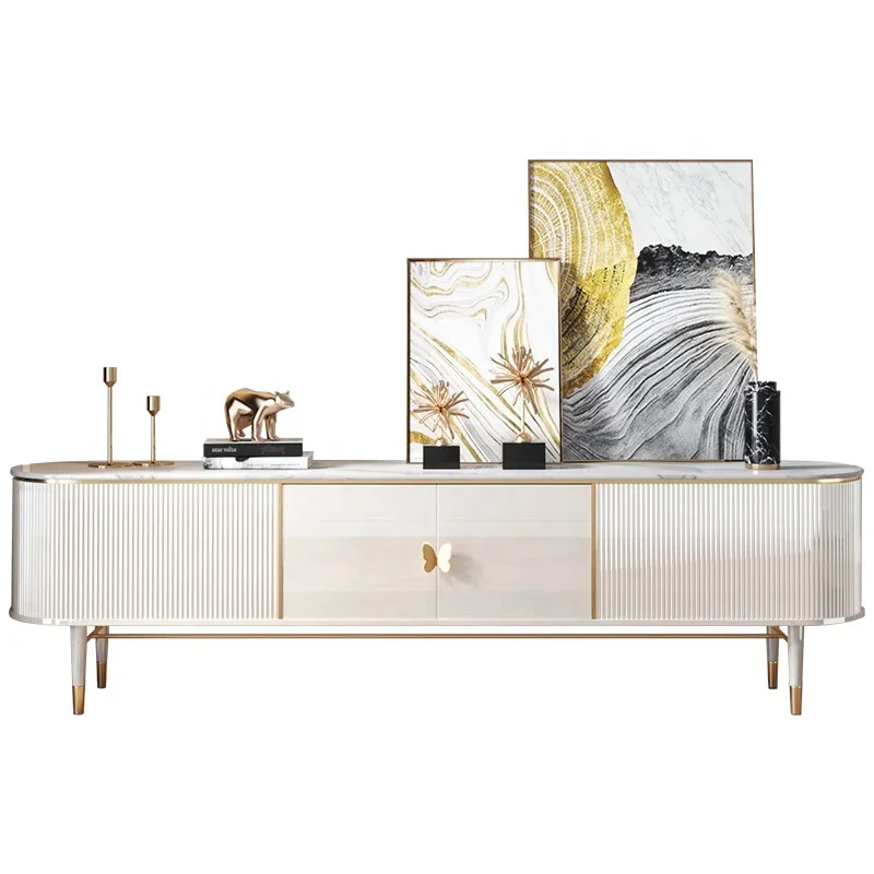 Modern Sintered Stone Metal Leg Handle Living Room Furniture White Luxury Tv Stand